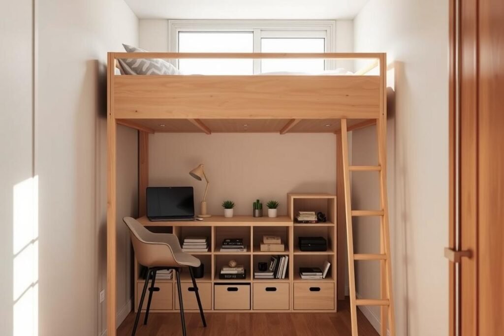 A cozy small room featuring a modern space-saving loft bed solution. In the foreground, the loft bed is crafted from light wood, elevated above a stylish workspace with a sleek desk and comfortable chair. A small potted plant on the desk adds a touch of greenery. In the middle ground, beneath the loft bed, there is organized storage with neatly arranged books and decorative items. The room is painted in soft pastel colors, enhancing a calming atmosphere. In the background, a window allows natural light to stream in, casting gentle shadows that create depth. The scene is captured with a warm, inviting tone, emphasizing the clever use of vertical space, ideal for maximizing functionality in small living areas.