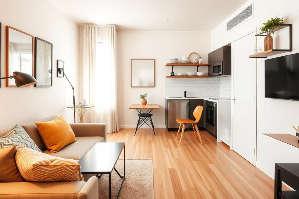 A cozy small studio apartment designed for maximum style and functionality. In the foreground, a compact seating area features a stylish couch with colorful throw pillows and a sleek coffee table. The middle ground showcases a well-organized kitchenette with modern appliances, open shelving displaying decorative dishes, and a small dining table for two. The background reveals a bright window allowing natural light to flood the space, accentuating the light wood flooring and minimalist decor. Use warm, inviting lighting to create a welcoming atmosphere. The composition should be shot from a slightly elevated angle to capture the entire layout, emphasizing the thoughtful design choices that turn this modest area into a chic haven for living.