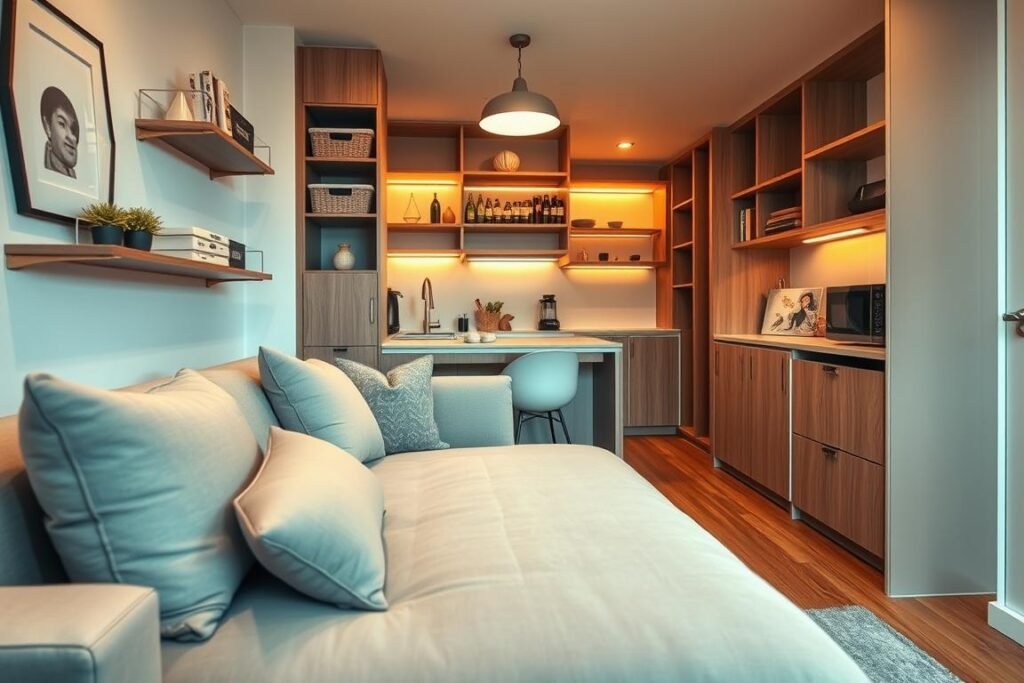 A cozy small studio apartment featuring innovative storage solutions to maximize space. In the foreground, showcase a multi-functional piece of furniture, such as a sleek, compact sofa that converts into a bed, adorned with cushions. In the middle ground, display clever storage options like built-in shelves with decorative bins, a wall-mounted desk that folds up, and a corner wardrobe optimized for limited space. The background should include a minimalist kitchen area with open shelving and compact appliances. Use warm, soft lighting to create an inviting atmosphere, and a wide-angle lens perspective to emphasize the depth of the small space. The overall mood should feel practical yet stylish, illustrating a harmonious blend of functionality and comfort.