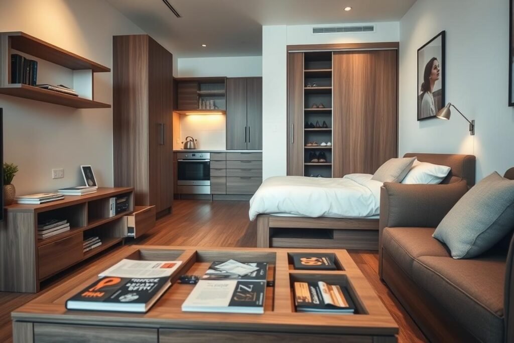 A cozy small studio apartment showcasing innovative hidden storage solutions. In the foreground, a multifunctional coffee table reveals compartments for books and magazines, while a wall-mounted shelf features cleverly disguised storage boxes. The middle ground presents a sleek, minimalist bed with built-in drawers underneath, and a compact kitchen area with hidden cabinetry. In the background, a tall closet with sliding doors opens to reveal vertical shelving for shoes and accessories. Soft, warm lighting bathes the room, enhancing the rich wood tones and cool-white walls. The atmosphere is inviting and resourceful, with an emphasis on maximizing space and functionality without sacrificing style. Capture the scene from a slightly elevated angle to highlight the layout and design elements.