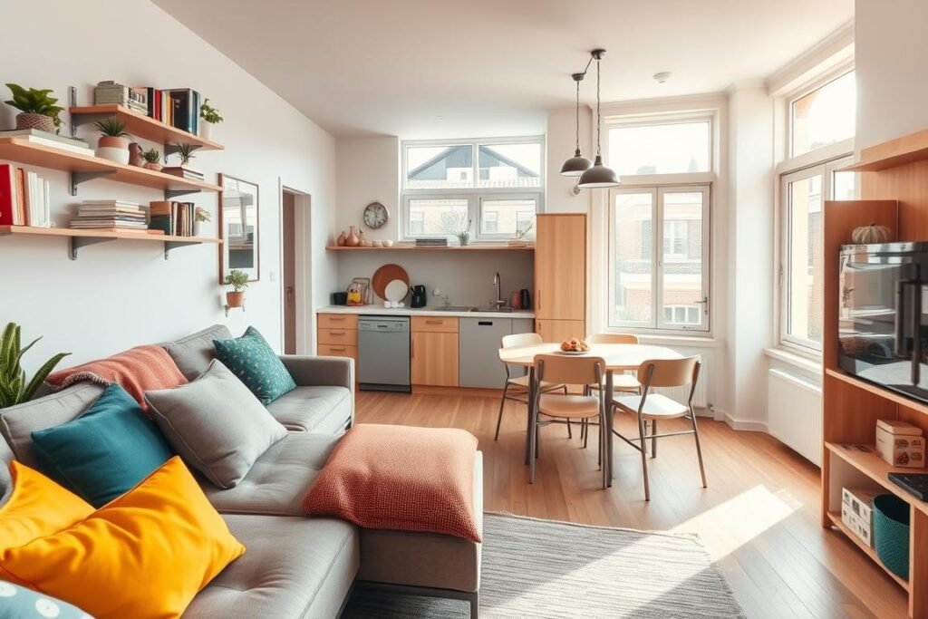 A cozy small studio apartment showcasing innovative organization hacks. In the foreground, a compact living area features a modular sofa that converts into a bed, accentuated by colorful throw pillows. Shelves mounted on the walls display neatly arranged books and plants. In the middle, there's a stylish foldable dining table surrounded by stackable chairs, maximizing space efficiency. A kitchen corner shows clever storage solutions, like magnetic spice containers and hanging pots. In the background, large windows flood the room with warm, natural light, creating a welcoming atmosphere. The scene is captured with a soft focus, using a wide-angle lens to emphasize the small yet functional space. The overall mood is bright, cheerful, and inspiring for anyone looking to optimize their living area.