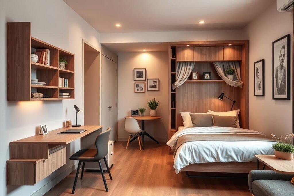 A cozy small studio apartment showcasing innovative space-saving furniture ideas. In the foreground, a stylish wall-mounted desk with built-in shelves, featuring a minimalist design. Adjacent, a modular wall bed folded up, revealing chic decor. In the middle, a compact dining table mounted on the wall, adorned with potted plants and decorative items. The background displays subtle wall art and soft ambient lighting, illuminating the warm color palette of the room. The scene captures the essence of a functional and inviting living space, emphasizing creativity and practicality. Use natural light to enhance the atmosphere, creating a sense of openness and tranquility. The image should convey a modern, stylish environment that inspires efficient use of space.