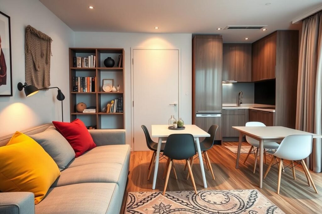 A cozy small studio apartment showcasing multi-functional furniture designed for efficient use of space. In the foreground, feature a stylish sofa that effortlessly converts into a bed, adorned with vibrant throw pillows. Adjacent to it, a compact dining table that folds down when not in use, complete with modern chairs. The middle ground presents a sleek shelving unit that also serves as a room divider, organizing books and decorative items, enhancing the aesthetic appeal. The background reveals a minimalist kitchenette with hidden storage solutions and a small appliance nook. Soft, warm lighting enhances the inviting atmosphere, with a wide-angle lens capturing the entire scene, emphasizing the harmony of design and functionality. The overall mood is modern and comfortable, ideal for urban living.