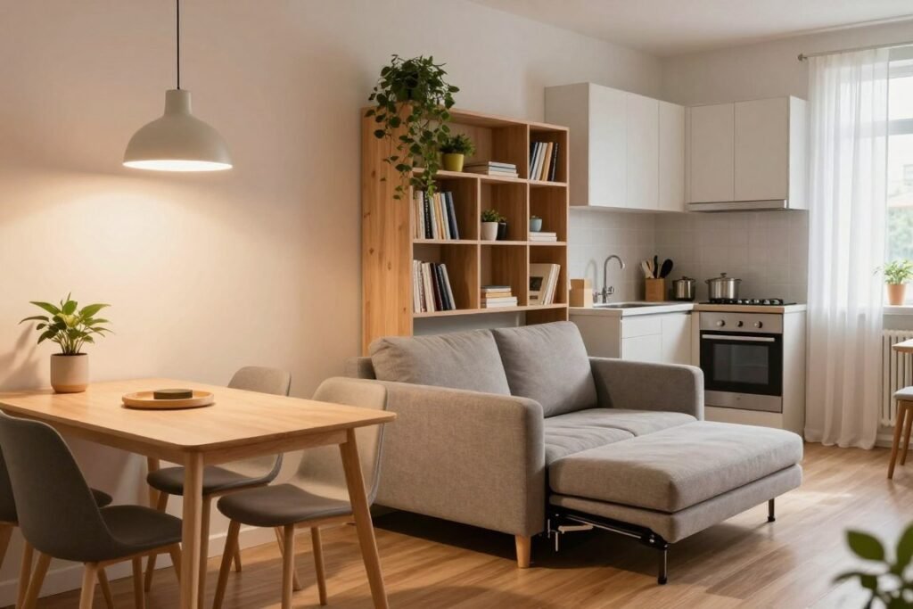 A cozy small studio apartment with space-saving furniture ideas, showcasing a multifunctional sofa bed that cleverly folds into a stylish couch. In the foreground, a compact dining table with chic chairs is illuminated by warm, ambient lighting from a modern pendant lamp above. In the middle, a cleverly designed bookshelf doubles as a room divider, adorned with plants and books, adding a pop of color. The background features a compact kitchen area with sleek appliances and minimalist cabinetry, emphasizing organization. Soft natural light streams in through a large window with sheer curtains, creating a bright and welcoming atmosphere. The overall mood is inviting and practical, reflecting innovative solutions for maximizing space in a small living area.