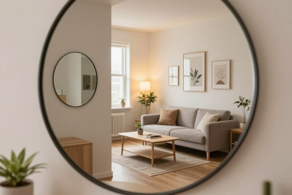 A cozy studio apartment designed to maximize small spaces using mirrors. In the foreground, a stylish round mirror reflects natural light and a small potted plant, enhancing the sense of openness. The middle area features a neatly arranged living space with a compact sofa, a minimalist coffee table, and strategically placed wall mirrors that create a sense of depth. The background showcases soft, warm lighting from a window that adds an inviting glow to the room. The atmosphere is serene and harmonious, with light colors on the walls and furniture that amplify the illusion of space. A few decorative artworks enhance the visual appeal without cluttering the area, creating a balanced and modern aesthetic.