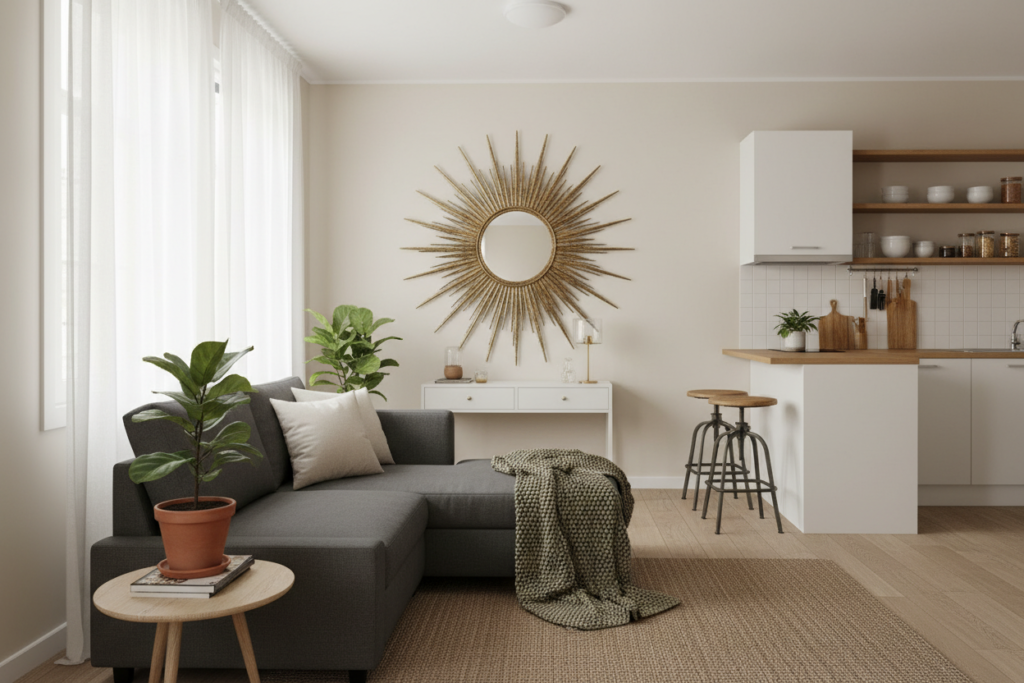 A cozy studio apartment featuring modern decor with an accent mirror, reflecting light to enhance the sense of space. In the foreground, a stylish couch with soft cushions and a textured throw, accompanied by a small coffee table adorned with a potted plant. The middle layer includes an elegant mirror hung above a sleek console table, cleverly positioned to maximize natural light, creating an airy feel. The background showcases a minimalist kitchen with open shelving, displaying decorative kitchenware. Warm, natural lighting floods in from a window dressed with sheer curtains, giving the scene a calm and inviting atmosphere. An overall color palette of soft neutrals with pops of greenery contributes to the serene mood. Shot from a slightly elevated angle to capture the layout effectively.