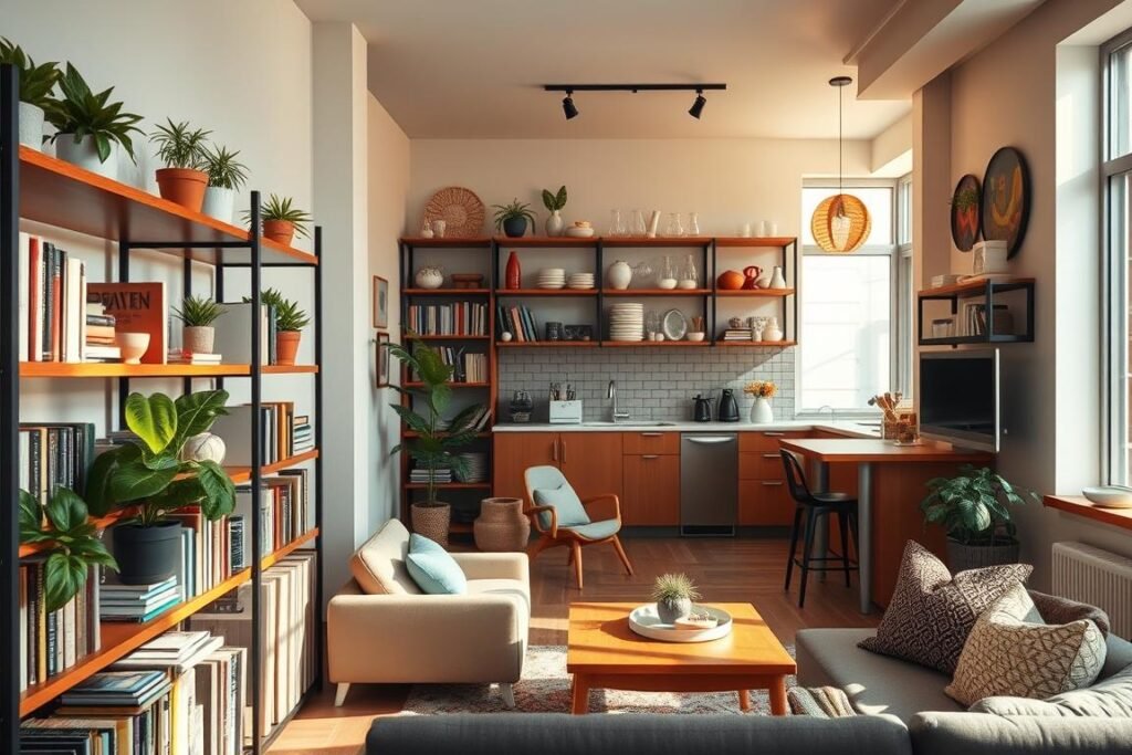 A cozy studio apartment featuring stylish, space-efficient shelving. In the foreground, a well-arranged bookshelf filled with colorful books, houseplants, and decorative items adds personality. The middle layer showcases a comfortable seating area with a small, modern sofa adorned with throw pillows, next to a wooden coffee table. The background reveals a neatly organized kitchen space with open shelving displaying dishware and utensils. Warm, soft lighting floods the room from large windows, creating inviting shadows and highlights. The overall atmosphere is calm and inspiring, reflecting a smart use of vertical space. The angle captures the essence of a small yet stylish living environment, emphasizing functionality without sacrificing aesthetic appeal.