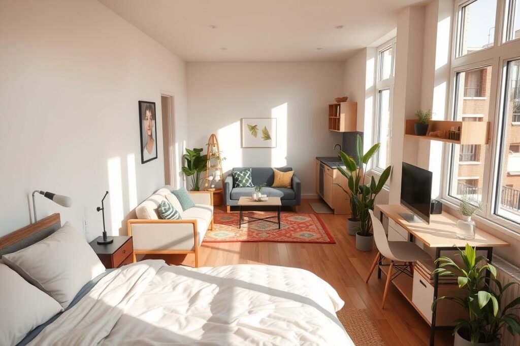 A cozy studio apartment layout featuring a combined sleeping and living area. In the foreground, a neatly made bed is positioned against a wall with soft, calming bedding in pastel colors, accompanied by a stylish bedside table with a lamp. In the middle, a small living space includes a compact sofa, a coffee table, and a colorful rug, surrounded by greenery from potted plants. The background shows a minimalist kitchen with essential appliances and open shelving, maximizing space efficiency. Soft, natural daylight filters in through large windows, casting gentle shadows and creating a warm atmosphere. The interior design is modern and inviting, emphasizing smart space-saving solutions with an overall sense of comfort and functionality.