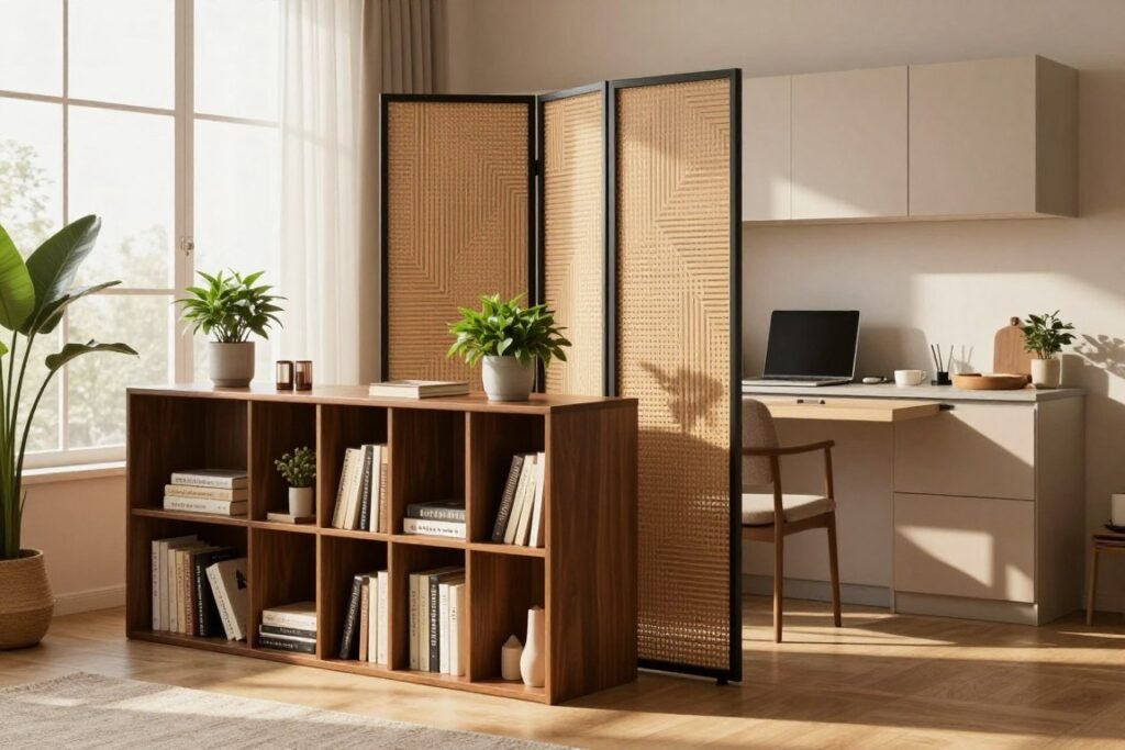 A cozy studio apartment scene showcasing innovative room dividers to maximize small space functionality. In the foreground, a stylish open bookcase serves as a divider, filled with books and decorative plants, elegantly separating a compact living area from a workspace. The middle ground features a sleek, folding screen with geometric patterns that enhances privacy without making the space feel cramped. In the background, there’s a small kitchenette with minimalist design elements. Soft, natural light filters through a large window, casting gentle shadows and creating a warm, inviting atmosphere. The overall mood is modern and functional, illustrating how to blend aesthetics with practicality in a small living space.