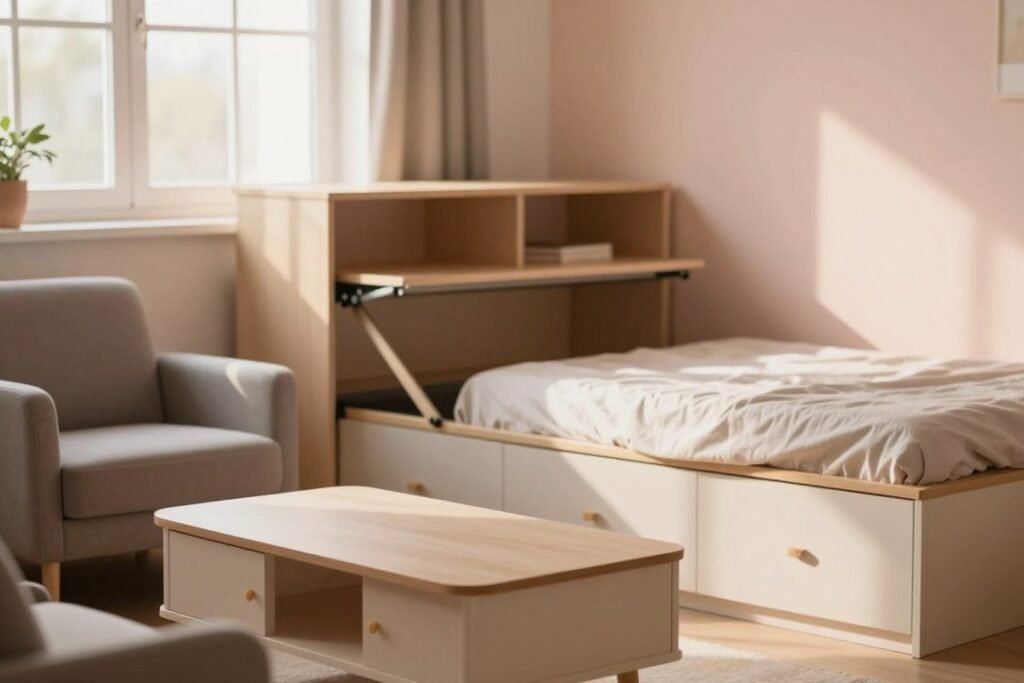 A cozy studio apartment showcasing innovative hidden storage solutions. In the foreground, a multifunctional coffee table with drawers is surrounded by a pair of stylish, modestly upholstered chairs. The middle ground highlights a cleverly designed wall unit with shelves that pull out to reveal additional storage, harmoniously blending with the decor. To the right, a sleek bed frame with built-in drawers is situated against a soft, pastel-hued wall. The background features a window letting in warm, natural light, casting soft shadows across the room. Use a shallow depth of field to emphasize the storage features, creating a welcoming, clutter-free atmosphere perfect for small living spaces. The overall mood should be serene and inviting, emphasizing functionality and style without appearing overly designed.