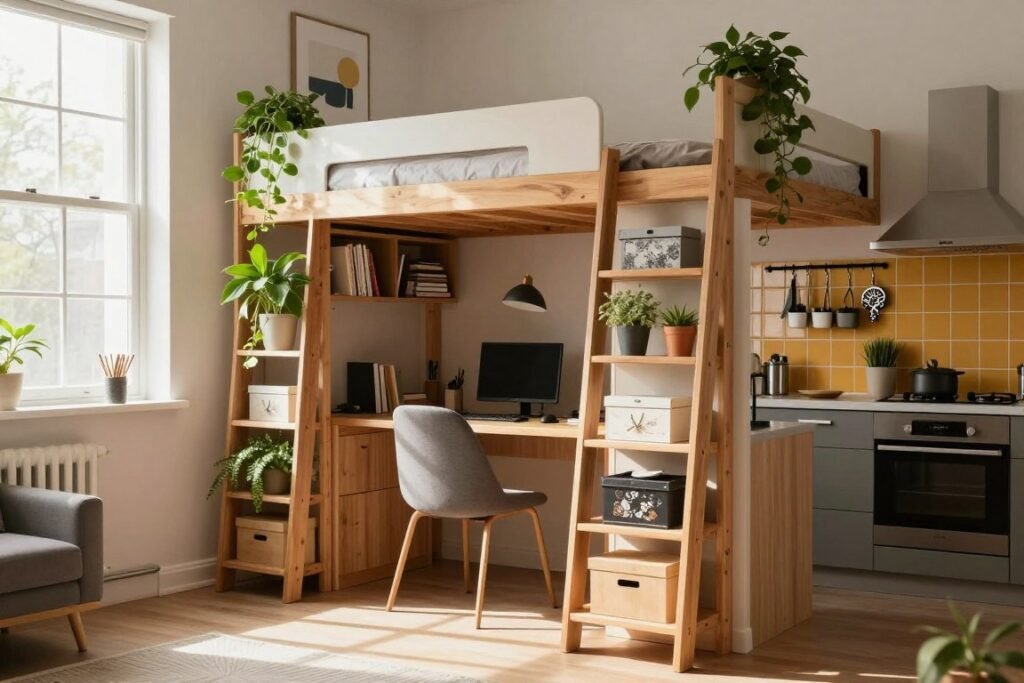 A cozy studio apartment showcasing innovative vertical storage solutions. The foreground features a sleek, wooden ladder shelf filled with plants, books, and decorative boxes. In the middle, a compact desk workspace is cleverly integrated beneath a wall-mounted loft bed, with shelving above holding office supplies and artwork. The background reveals a small kitchen area adorned with hanging pots and magnetic spice racks on a vibrant tile backsplash. Natural light pours in through a large window, casting soft shadows and creating an inviting atmosphere. The overall mood is functional yet stylish, emphasizing smart space utilization without overcrowding or clutter. The perspective captures the entire room, providing a clear view of the clever storage arrangements in action.
