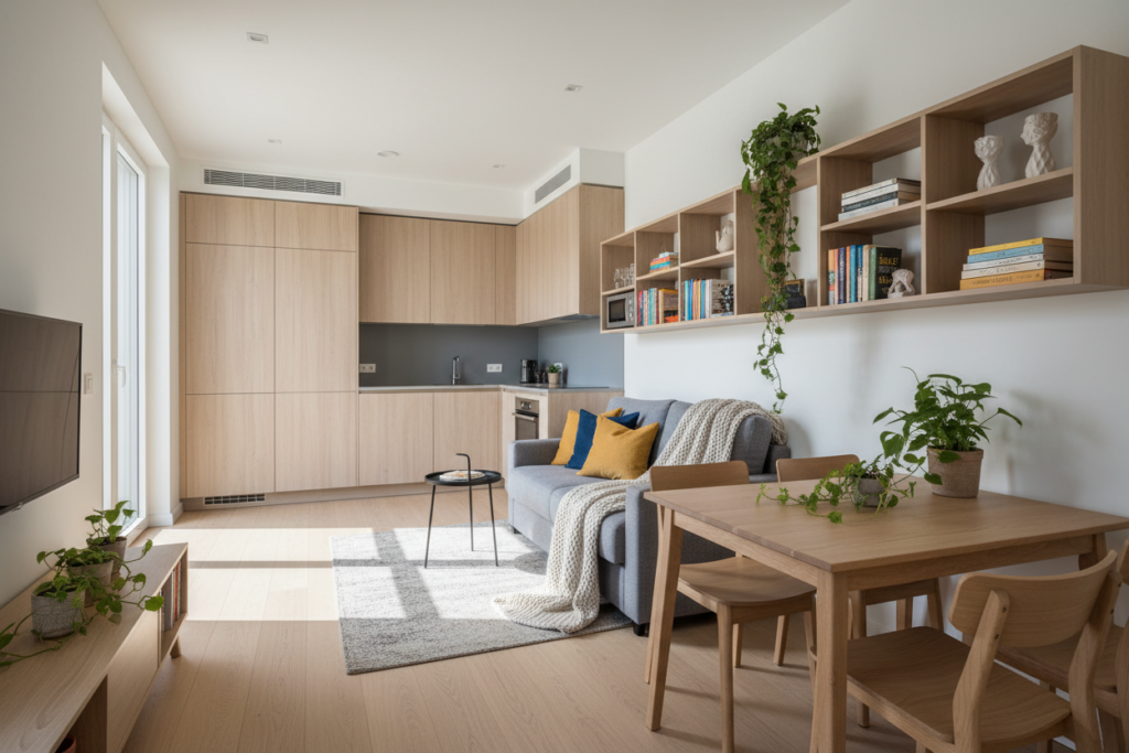 A cozy studio apartment, showcasing smart decor ideas and space-saving solutions. In the foreground, a compact dining table set with minimalist wooden chairs and decorative plants, exuding a warm and inviting atmosphere. The middle ground features a stylish sofa bed, adorned with colorful throw pillows and a textured blanket, paired with a small side table. A wall-mounted shelving unit holds an array of books, plants, and decorative items, emphasizing functionality and style. In the background, a well-organized kitchenette with modern appliances and neutral tones, enhancing the sense of space. The lighting is soft and natural, filtering through a large window, casting gentle shadows and creating a serene ambiance. This scene captures innovative decor options for small living areas, embodying a practical yet aesthetically pleasing environment.