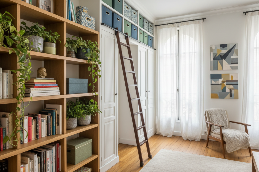 A cozy, stylish Parisian apartment interior showcasing innovative vertical storage solutions. In the foreground, a sleek wooden shelving unit with plants and books, creating an inviting atmosphere. The middle ground features a narrow ladder leaning against a wall, leading to over-the-door storage cabinets filled with colorful organizers and decorative boxes. The background reveals a small window with sheer curtains, allowing soft, natural light to flood the room, enhancing the sense of space. The walls are adorned with modern art pieces, and the flooring is a warm hardwood that complements the overall aesthetic. Capture this scene with a warm, inviting mood, utilizing soft focus and a slightly elevated angle to highlight the height and organization of the vertical storage.