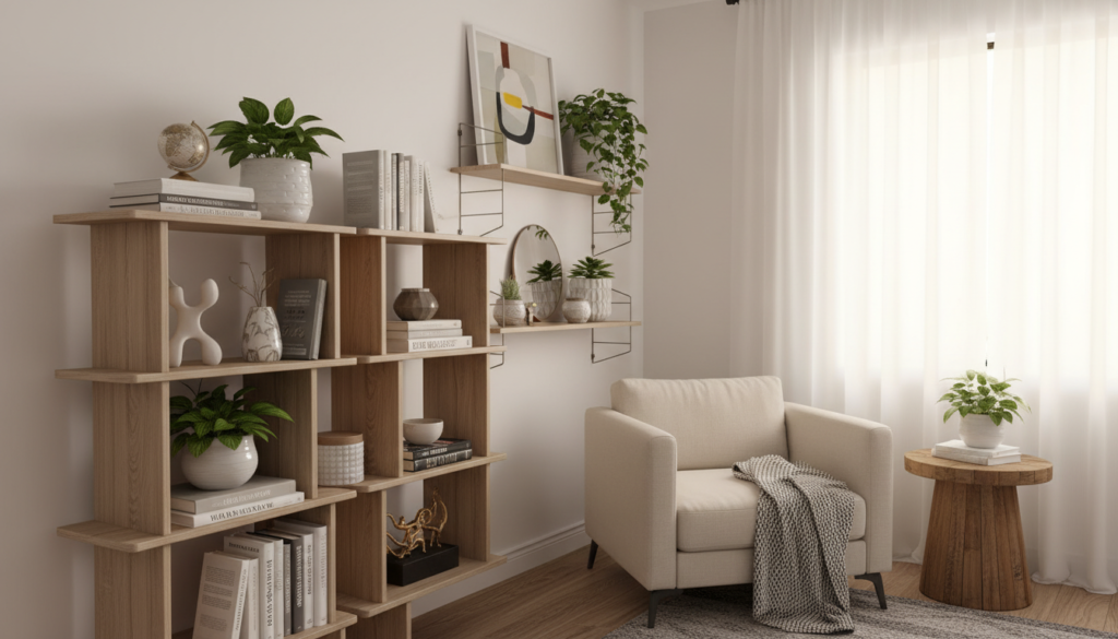 A cozy, stylish corner of a tiny home featuring creative bookshelf solutions for small spaces. In the foreground, a multi-tiered, modular bookshelf made of light wood with an open design, displaying a carefully curated selection of books, plants, and decorative items. The middle section shows a wall-mounted shelf with potted succulents and art pieces, giving a sense of verticality. In the background, a soft, warm light filters through a window draped with sheer curtains, creating an inviting atmosphere. The scene conveys a blend of modern design and functionality, illustrating genius organization ideas for small living areas. The overall mood is serene and inspirational, with a focus on maximizing space while maintaining aesthetic appeal.