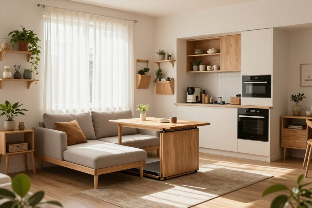 A cozy, stylish small living room designed for maximizing space, featuring multifunctional furniture like a convertible sofa bed and a compact dining table that folds away. In the foreground, include shelves with greenery and decorative items to add warmth. The middle space should showcase a light, airy atmosphere with natural light streaming through sheer curtains, illuminating the clever use of wall-mounted organizers. The background reveals a compact kitchen area with efficient storage solutions and smart appliances. Use a wide-angle lens perspective to capture the entirety of this harmonious and functional living space, creating an inviting, modern mood with soft, warm lighting that evokes comfort and creativity.