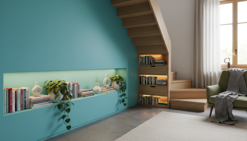 A cozy, stylish small room featuring innovative book storage solutions. In the foreground, a compact bookshelf seamlessly integrated into a vibrant living room wall, showcasing a variety of colorful books alongside decorative plants and minimalist decor. In the middle, a unique hidden storage space beneath a transformed staircase, cleverly using the area for additional book storage, illuminated by warm ambient lighting. In the background, soft natural light filters through a window, casting gentle shadows across the room, enhancing the feeling of warmth and creativity. The overall atmosphere is inviting and clever, emphasizing functionality without sacrificing style in a small space.