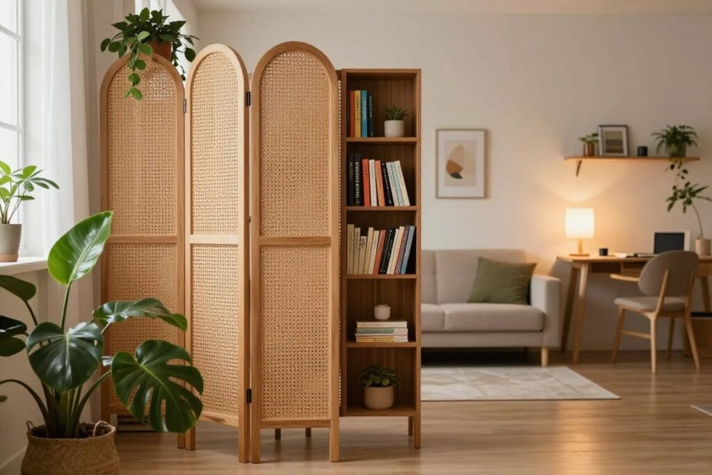 A cozy, stylish small studio apartment featuring innovative room dividers that enhance functionality without feeling confining. In the foreground, showcase a beautifully designed folding screen with intricate patterns made of natural wood, complemented by lush indoor plants. In the middle ground, include a half-open bookshelf that serves as a divider, filled with vibrant books and decorative items. The background should depict a minimalist living area with a small, inviting sofa and a well-lit workspace, bathed in soft, warm lighting from a nearby window. The atmosphere should convey a sense of comfort and style, illustrating an effective use of space in a contemporary urban setting. Use a soft focus lens effect to enhance the inviting ambiance, and ensure the overall composition is realistic, reflecting a lived-in feel rather than perfection.