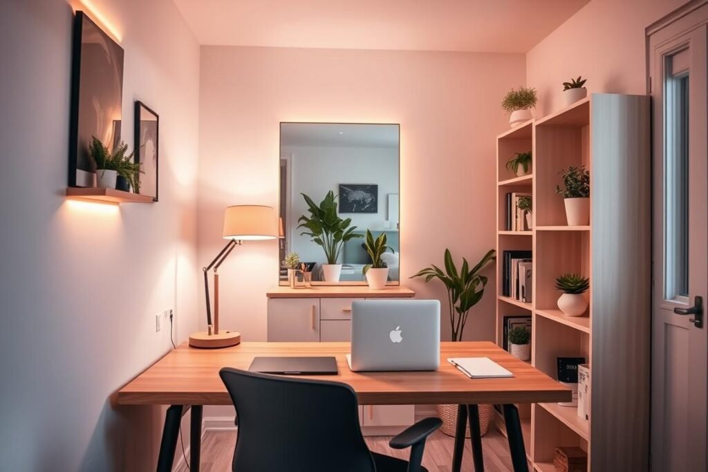 A cozy, thoughtfully designed tiny home office space, showcasing clever lighting tricks to enhance the sense of space. In the foreground, a sleek wooden desk with minimalist stationery and a laptop, complemented by a stylish, ergonomic chair. The middle layer features warm, ambient lighting from strategically placed LED strips along the walls and a modern floor lamp casting a soft glow. A large mirror reflects light, visually expanding the space. In the background, light-colored, open shelving holds potted plants and books. The walls are painted in soothing pastel hues to promote calmness. The overall atmosphere is inviting and efficient, emphasizing productivity while remaining uncluttered and bright, with natural light streaming through a nearby window, enhancing the feeling of openness.