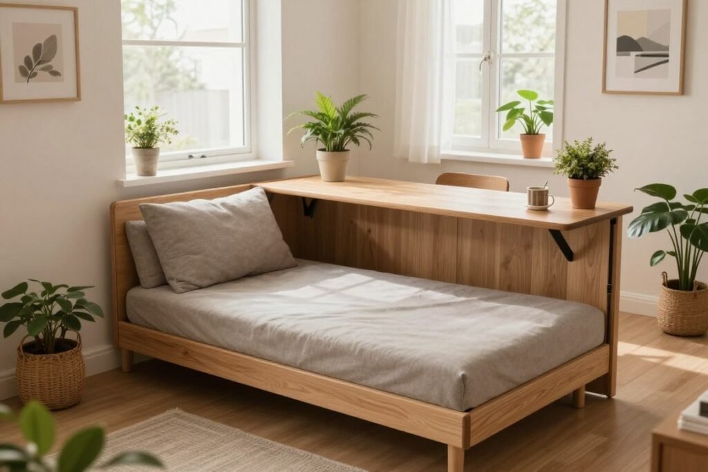 A cozy tiny apartment interior showcasing innovative small space design. In the foreground, a multifunctional furniture piece, like a compact sofa bed with storage underneath, displays soft textures and neutral colors. The middle features a cleverly arranged room, with a dining table that folds into the wall and plants strategically placed to add life. The background reveals large windows allowing ample natural light to flood the space, creating an airy atmosphere. The walls are adorned with minimalistic art, enhancing the design without overwhelming it. Use warm, inviting lighting to evoke a sense of comfort, and capture the scene from a slightly elevated angle to emphasize the efficient use of every square foot. The overall mood is both modern and welcoming, perfect for small living.