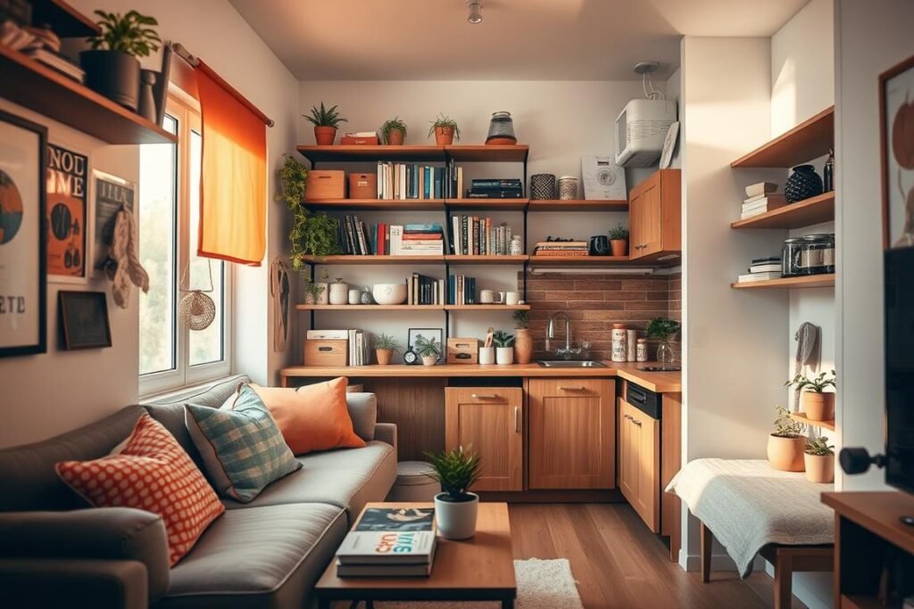 A cozy, tiny apartment interior showcasing smart organization techniques. In the foreground, a compact living area features a multitasking sofa bed adorned with colorful cushions, with a stylish coffee table displaying books and a small potted plant. The middle layer displays an efficient wall-mounted shelf filled with neatly arranged books, decorative boxes, and plants, maximizing vertical space. A compact kitchen area is visible in the background, featuring organized cabinets and open shelving with dishware and jars neatly arranged. Warm, natural light floods the room through a window, creating an inviting atmosphere. The overall mood is serene and inspiring, highlighting the beauty of efficient space utilization in a small apartment.