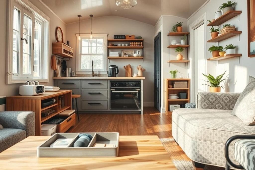 A cozy tiny home interior showcasing innovative storage solutions. In the foreground, feature a multifunctional coffee table with hidden compartments and a stylish ottoman with storage space. The middle ground reveals a compact kitchen with organizers, pull-out shelves, and vertical storage filled with kitchenware. To the background, depict a living area featuring wall-mounted shelves adorned with plants and decorative boxes, optimizing vertical space. Gentle natural light streams through a window, illuminating the scene and casting soft shadows. Use a warm color palette to create an inviting atmosphere, while a slight wide-angle lens effect captures the small space's clever design and functionality. The overall mood should convey creativity and resourcefulness in tiny living.