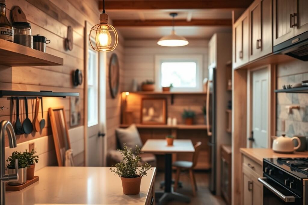 A cozy tiny home kitchen featuring modern, space-saving lighting solutions. In the foreground, a sleek countertop with minimalist kitchenware and potted herbs. The middle ground showcases pendant lights with warm glow, hanging above a small dining nook made of reclaimed wood. In the background, a compact yet functional layout with cabinets that blend seamlessly with the walls, emphasizing a spacious atmosphere. The lighting creates a soft, inviting ambiance, highlighting textures and colors throughout the space. Use a wide-angle lens to capture the entire scene, with natural light filtering through a small window, enhancing the warmth and comfort of the kitchen. The overall mood is uplifting and serene, ideal for small living environments.