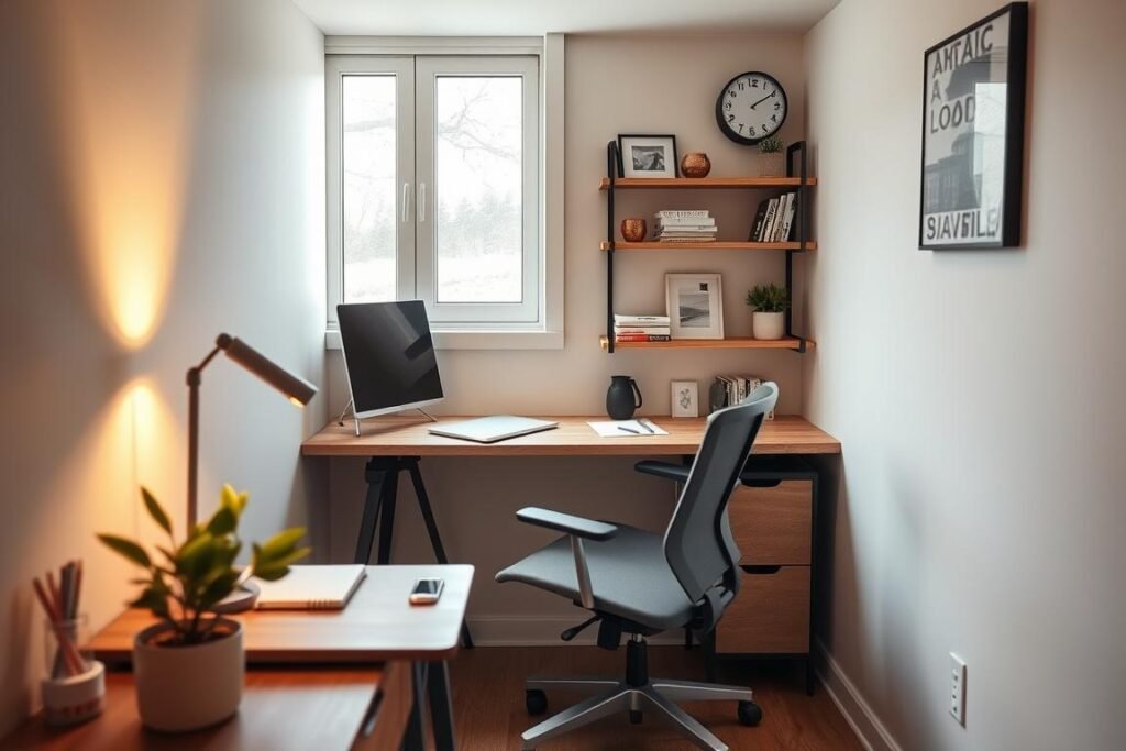 A cozy tiny office design nestled in a corner nook, featuring a sleek, compact desk with wood and metal accents, adorned with minimalistic stationery. The foreground showcases a small potted plant and a stylish desk lamp casting a warm glow. In the middle, a stylish ergonomic chair complements the desk, while a wall-mounted shelf holds books, framed photos, and a small clock, creating an industrious atmosphere. The background highlights a window with soft natural light streaming in, illuminating soft-toned walls and a subtle accent decor piece. The overall mood feels inviting and productive, encouraging creativity in a functional yet stylish space. The composition is at eye-level, emphasizing the harmony of modern design and practical use in a limited space.