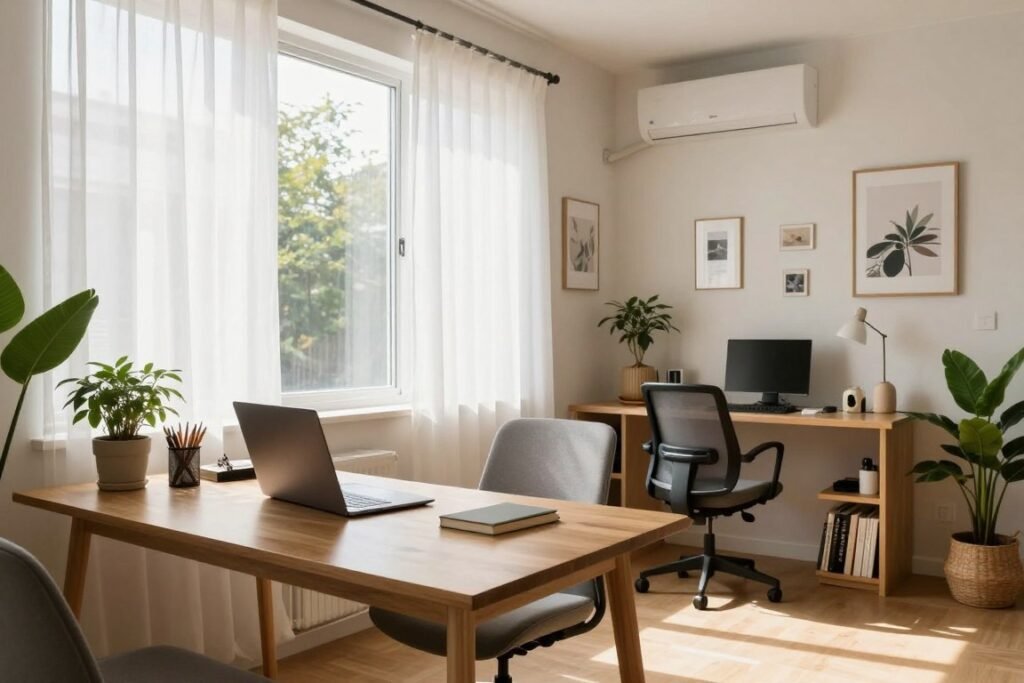 A cozy tiny office space designed to maximize natural light, featuring a large window with sheer white curtains allowing sunlight to flood in. The foreground showcases a minimalist wooden desk cluttered with a laptop, a potted plant, and stylish stationery. In the middle ground, there's a comfortable ergonomic chair and a small bookshelf filled with books and decorative items. The background reveals light-colored walls adorned with inspiring artwork and a vibrant indoor plant in the corner, enhancing the atmosphere. The room is softly illuminated by warm daylight, creating a welcoming and productive mood. Use a wide-angle lens to capture the entire scene, emphasizing the spaciousness despite the compactness. The overall ambiance should feel bright, airy, and invigorating, perfect for enhancing productivity.