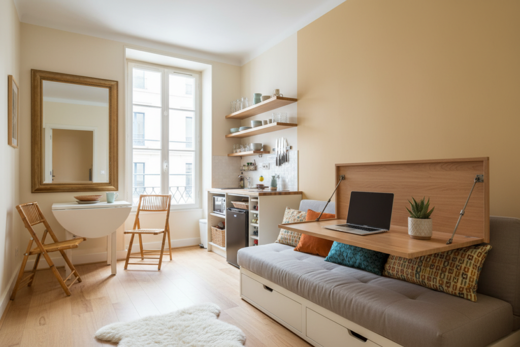 A cozy tiny studio apartment designed to maximize living space. In the foreground, a multifunctional furniture setup with a sofa bed that transforms into a workspace, adorned with vibrant throw pillows. The middle ground features a compact dining area with foldable chairs, and a small kitchenette showcasing efficient storage solutions. The walls are painted in soft, warm colors, enhancing the sense of openness. The background includes a strategically placed mirror that reflects light, creating an illusion of more space, while large windows allow natural light to flood the room. The angle captures the entire layout from a slight elevation, using soft, diffused lighting to evoke a welcoming atmosphere. The overall mood is innovative and practical, embodying modern living in a limited area.