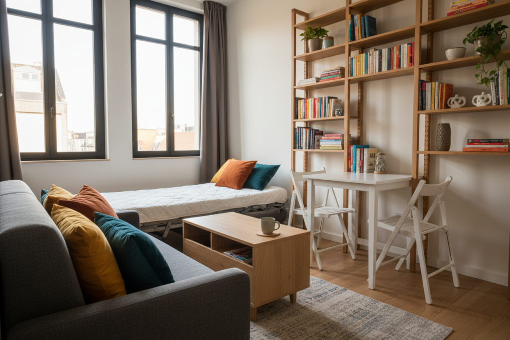 A cozy tiny studio apartment scene showcasing multi-functional furniture designed for small spaces. In the foreground, a sleek, modern sofa bed with vibrant cushions that transforms into a bed, positioned next to a compact coffee table with storage. The middle ground features a versatile dining table that extends from the wall, paired with minimalist folding chairs. Shelves filled with books and plants adorn the walls, maximizing vertical space. In the background, large windows allow soft, natural light to pour in, enhancing the bright atmosphere. The color palette is warm and inviting, with earthy tones and pops of color. Capture this scene from a slightly elevated angle, highlighting the efficient use of space and the functionality of the furniture. The mood is stylish, functional, and harmonious.