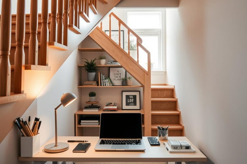 A cozy under-stair workspace, designed for efficient use of a small area. The foreground features a sleek, compact desk with a modern laptop, surrounded by organized stationery and a stylish desk lamp that casts a warm glow. The middle layer showcases the stairs above, intricately designed with wooden railings, while the wall behind is adorned with inspirational art and shelf plants. In the background, hints of the home’s living space peek through, complete with soft textures and gentle decor. Natural light filters in from a nearby window, enhancing a calm and focused atmosphere. The overall mood is inviting and functional, emphasizing innovative space-saving solutions.