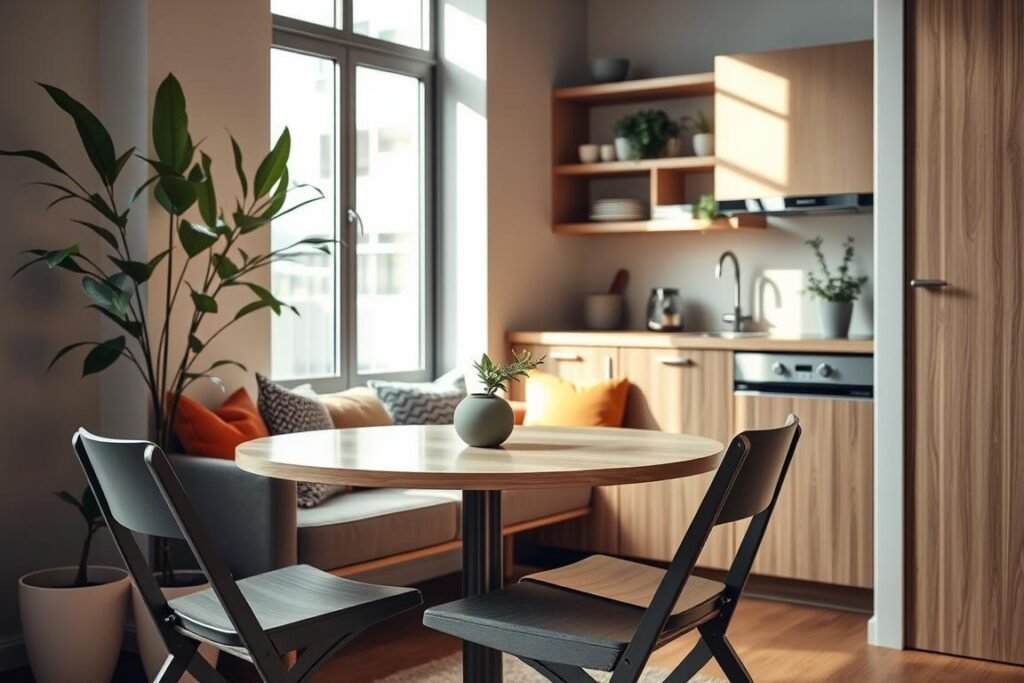 A cozy urban dining space featuring compact dining furniture options optimized for small areas. In the foreground, a stylish round table with sleek, foldable chairs that are neatly tucked away, showcasing space-saving design. The middle ground displays an inviting arrangement with a light wood finish, complemented by colorful cushions. In the background, a well-organized kitchen nook with open shelving displaying elegant dishware and greenery. Soft, natural lighting filters in through a nearby window, casting a warm glow over the scene, enhancing the inviting atmosphere. The angle is slightly elevated, providing a clear view of the functional layout. The overall mood is harmonious, reflecting a modern, minimalist aesthetic perfect for small apartment living.