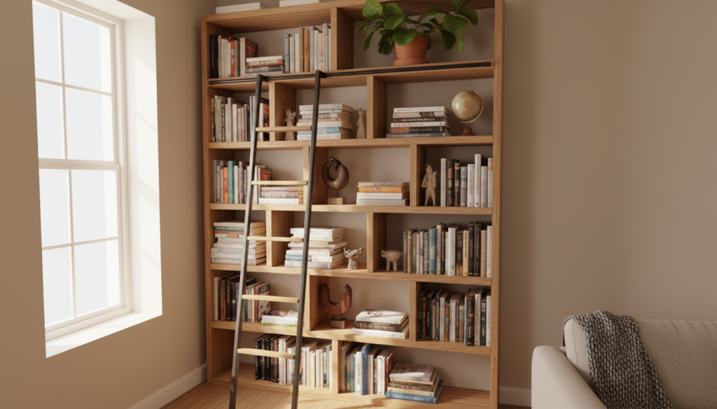 A cozy, vertical bookshelf in a small living space, showcasing an array of colorful books stacked both horizontally and vertically. The foreground features a stylish ladder leaning against the bookshelf, while a small potted plant sits atop the shelves, adding a touch of greenery. In the middle, the shelf showcases unique compartments, some filled with artisanal bookends and small decor items, creating an organized yet inviting look. The background features a softly lit room with neutral walls and a hint of natural light coming from a nearby window, casting gentle shadows. The overall atmosphere is warm and inviting, perfect for a tiny home setting, capturing the essence of clever organization and aesthetic charm. The image is taken at a slightly angled perspective to give depth and dimension.