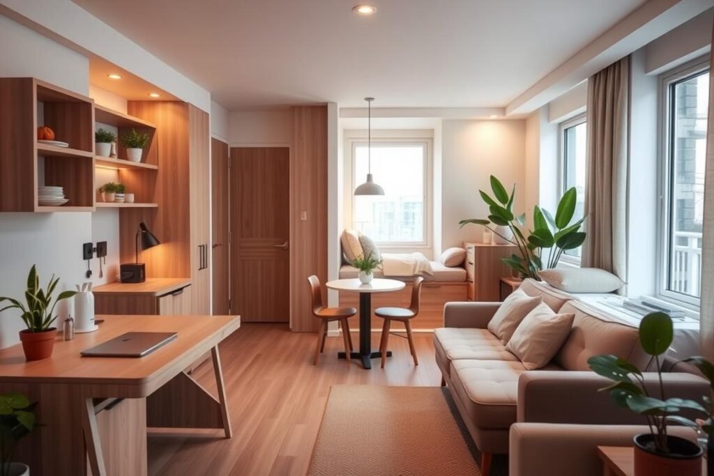 A cozy, very small apartment showcasing innovative space-saving ideas with distinct zones. In the foreground, a compact living area with modular furniture, including a foldable desk and a convertible sofa that doubles as a bed. In the middle, a smartly designed kitchenette with open shelves and a small dining nook featuring a petite table and two stools. The background highlights a cleverly separated sleeping area, adorned with soft, ambient lighting that creates a warm atmosphere. Large windows allow natural light to flood in, illuminating the minimalist decor and plants that bring life to the space. The overall mood is inviting and efficient, emphasizing functional elegance in a small living environment.