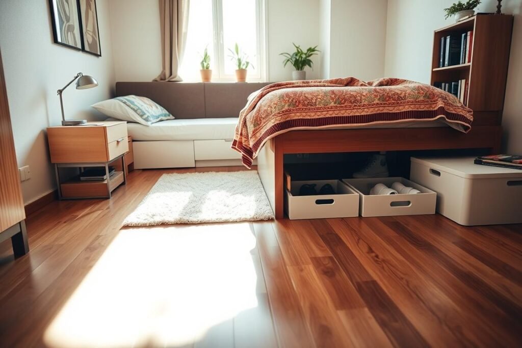 A cozy, well-decorated small apartment bedroom showcasing innovative under-bed storage solutions. In the foreground, a stylish, neatly made bed with a colorful bedspread, while underneath, sleek storage boxes and drawers are neatly organized. The middle features a soft area rug, adding warmth, with a minimalist nightstand beside the bed. The background includes a window with natural light streaming in, illuminating the room, along with a small bookshelf filled with books and plants. The atmosphere is bright, inviting, and functional, emphasizing smart storage ideas for maximizing space in small living areas. Use a warm color palette and soft shadows to enhance the cozy ambiance, capturing a realistic yet charming scene from a low angle, reminiscent of a lifestyle photograph.