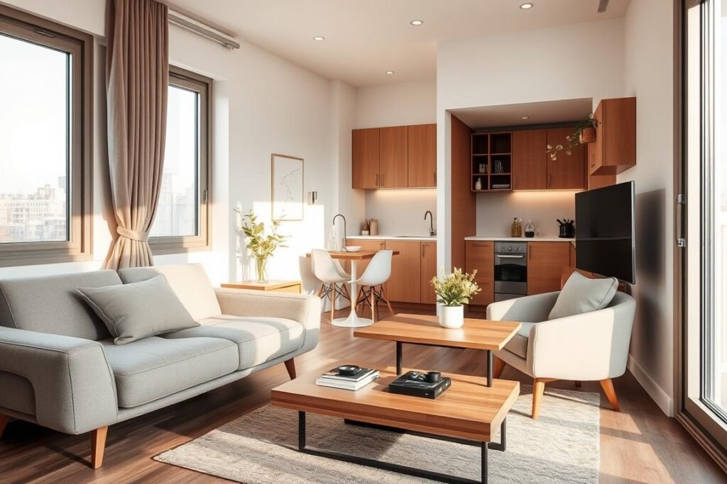 A cozy, well-designed small apartment interior showcasing innovative space-saving furniture ideas. In the foreground, a sleek, compact sofa bed that folds out for both seating and sleeping, dressed in modern, neutral fabrics. Adjacent is a multi-functional coffee table that can be raised and converted into a dining table, adorned with decorative accents like a small plant. In the middle ground, a wall-mounted desk with shelves above it, maximizing vertical space while providing a stylish workspace. The background features a minimalist kitchen with hidden storage solutions, including pull-out cabinets. Soft, warm lighting enhances the inviting atmosphere, and large windows allow natural light to flood the room, creating a bright and airy feel. The camera is angled to capture the entire space in a wide shot, emphasizing usability and aesthetics in a small living area.