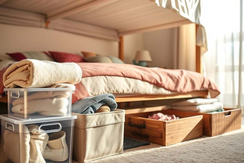 A cozy, well-organized bedroom featuring stylish under-bed storage containers, showcasing various types such as clear plastic bins, fabric storage boxes, and wooden drawers. In the foreground, focus on two or three neatly stacked containers, partially pulled out to reveal their contents, like blankets, shoes, and seasonal clothing. The middle layer includes a neatly made bed with colorful bedding and decorative pillows, emphasizing a tidy atmosphere. In the background, soft sunlight filters through sheer curtains, casting gentle shadows that add warmth. The scene conveys a serene and inviting mood, highlighting the practicality and aesthetic appeal of utilizing under-bed space for storage. The angle is slightly elevated, providing a comprehensive view while maintaining a sense of intimacy in the bedroom environment.