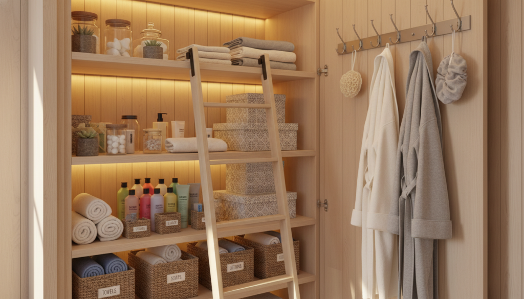 A cozy, well-organized small bathroom closet featuring vertical storage solutions. In the foreground, there are neatly labeled baskets and tiered shelves filled with neatly folded towels, brightly colored toiletries, and decorative storage boxes. The middle section showcases a sliding ladder for easy access to higher shelves, with additional hooks on the door holding bathrobes and accessories. In the background, the closet's light wood paneling complements warm, soft lighting that creates a welcoming atmosphere. The scene is captured with a slight angle, emphasizing depth and utilizing a natural light effect for an inviting feel. The overall mood is fresh and functional, highlighting innovative storage ideas for a small space.