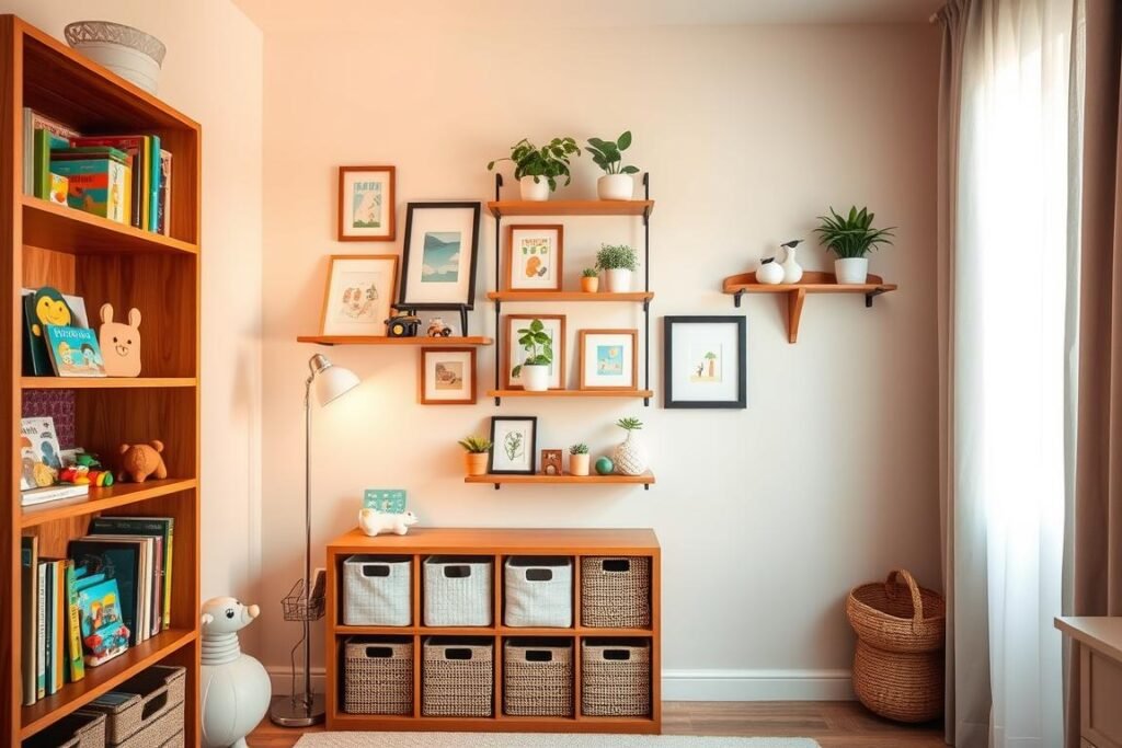 A cozy, well-organized small nursery showcasing innovative vertical storage solutions. In the foreground, a stylish wooden bookshelf displays colorful children's books, neatly arranged toys, and decorative storage bins. The middle section features hanging wall shelves adorned with framed art and plants, creating an inviting atmosphere. In the background, a softly painted wall with gentle pastel colors enhances the serene vibe. The lighting is warm and diffused, suggesting morning sunlight filtering through sheer curtains, illuminating the space. The overall mood is cheerful and practical, blending functionality with a nurturing ambiance perfect for a baby's room.