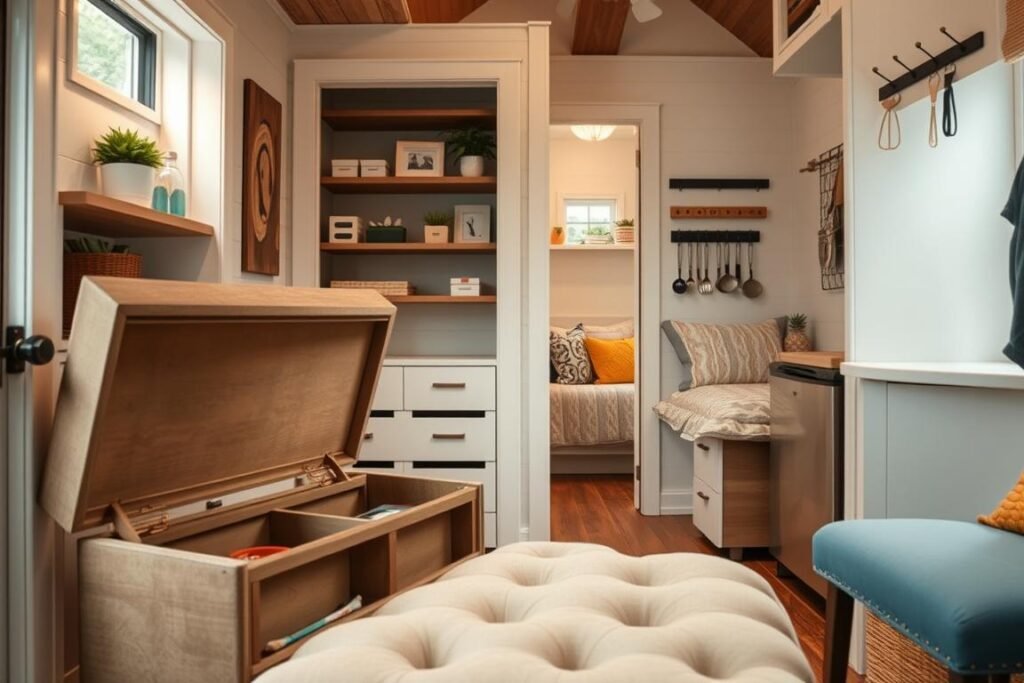 A cozy, well-organized tiny home interior showcasing innovative storage solutions in various overlooked spaces. In the foreground, a multifunctional ottoman opens to reveal hidden compartments. The middle ground features shelves above door frames filled with neatly arranged decorative boxes and potted plants. A bed with built-in drawers is visible, drawing attention to the clever use of vertical space. The background includes a small kitchen area with magnetic strips holding utensils, demonstrating efficient use of wall space. Soft, warm lighting creates a welcoming atmosphere, highlighting wooden textures and colorful accents. The scene is shot from a slightly elevated angle to provide depth and perspective, encouraging viewers to appreciate creative storage ideas within a limited footprint.