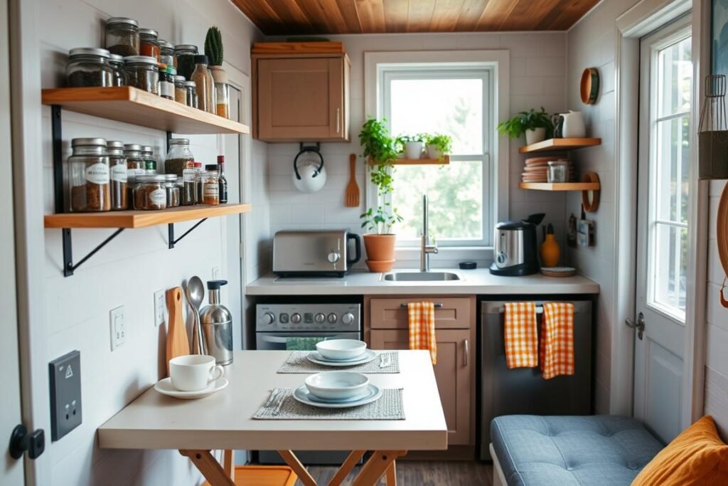 A cozy, well-organized tiny home kitchen, showcasing efficient storage solutions. In the foreground, visually appealing wall-mounted shelves filled with neatly arranged spices in labeled jars, and a compact, foldable dining table with minimalist tableware. The middle features a small, functional countertop with essential kitchen appliances, such as a compact toaster and a multi-purpose food processor, all harmoniously integrated. The background includes a window allowing natural light to flood in, illuminating the space and highlighting bright, cheerful décor elements such as potted herbs and colorful dish towels. The atmosphere is inviting and warm, emphasizing a sense of smart organization and maximization of limited space. Use soft, diffused lighting to enhance the cozy feel, captured from a slightly elevated angle to provide an overview of the entire kitchen layout.