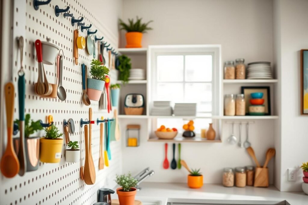 A customizable pegboard organization wall displayed in a bright, modern kitchen setting. In the foreground, various hooks, shelves, and containers are arranged on a white pegboard, showcasing kitchen tools, herbs in small pots, and colorful utensils. The middle section features open shelving with neatly stacked dishes and jars for grains, while the background reveals a window allowing natural light to flood the space, creating a warm and inviting atmosphere. Brightly colored accents, such as a vibrant potted plant and wall art, enhance the cheerful vibe. The angle captures the pegboard’s details while highlighting its practical use in small kitchens, demonstrating innovative storage solutions in a balanced, appealing way.