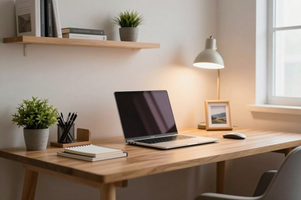 A minimalist desk setup in a cozy, small office space, featuring a sleek, modern wooden desk with a clean, uncluttered surface. In the foreground, a simple desk organizer holds essential stationery—pens, notepads, and a potted plant for a touch of greenery. The middle ground showcases a stylish laptop, an elegant desk lamp with warm lighting, and a small, framed picture of a scenic landscape. In the background, a softly blurred wall with a few strategically placed shelves holding books and minimal decor enhances the organization theme. The atmosphere is serene and focused, with soft, natural light streaming in from a nearby window, creating a warm, inviting glow. The composition should be inviting yet professional, emphasizing functionality and simplicity.