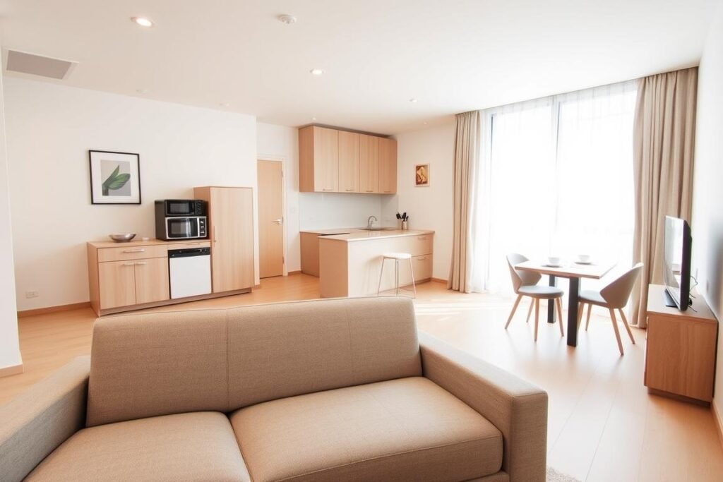 A minimalist studio apartment featuring an open-space layout that emphasizes functionality and style. In the foreground, a sleek, modular sofa in neutral tones faces a compact, modern dining table set for two. The middle ground showcases a well-organized kitchenette with simple cabinetry, an understated countertop, and small appliances neatly integrated into the design. The background reveals a large window surrounded by light, sheer curtains, flooding the space with natural light. The walls are painted in soft pastels, and tasteful artwork is displayed sparingly. The flooring is light wood, enhancing the airy feel. Capture the scene with soft, diffused lighting, and a slightly elevated angle to create depth, conveying a warm and inviting atmosphere that inspires creative small living solutions.