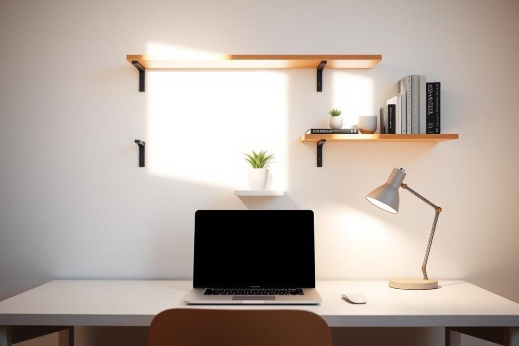 A minimalistic desk setup featuring a compact floating shelf design. In the foreground, an aesthetically arranged desk with a sleek, white surface, a minimalist laptop, and a stylish desk lamp. On the floating shelves above, there are neatly organized books, a small potted plant, and a few decorative items that evoke a sense of calm. In the middle, focus on natural light illuminating the workspace, enhancing the clean lines and simplicity of the components. The background includes a soft-colored wall to emphasize space, with subtle textures to maintain a cozy feel. Capture the scene from a slightly elevated angle, showcasing the desk and shelves while creating an inviting atmosphere that inspires productivity and tranquility.