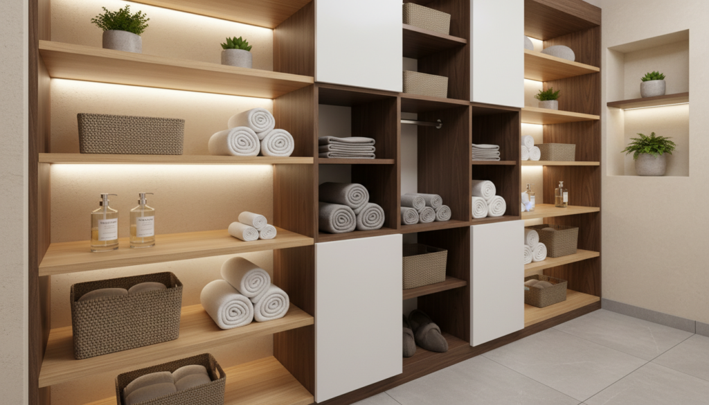 A modern bathroom closet layout featuring a built-in shelving system that maximizes storage space. The foreground showcases sleek wooden shelves neatly organized with towels, toiletries, and storage baskets. In the middle ground, a stylish combination of open and closed cabinetry offers an elegant touch, with a minimalist design that enhances functionality. The background displays soft ambient lighting creating a cozy atmosphere, complemented by neutral-colored walls and a hint of greenery from small potted plants. The angle is slightly elevated, giving a comprehensive view of the closet’s interior while capturing the spatial layout. The overall mood is fresh, inviting, and functional, reflecting innovative design ideas tailored for modern bathrooms.