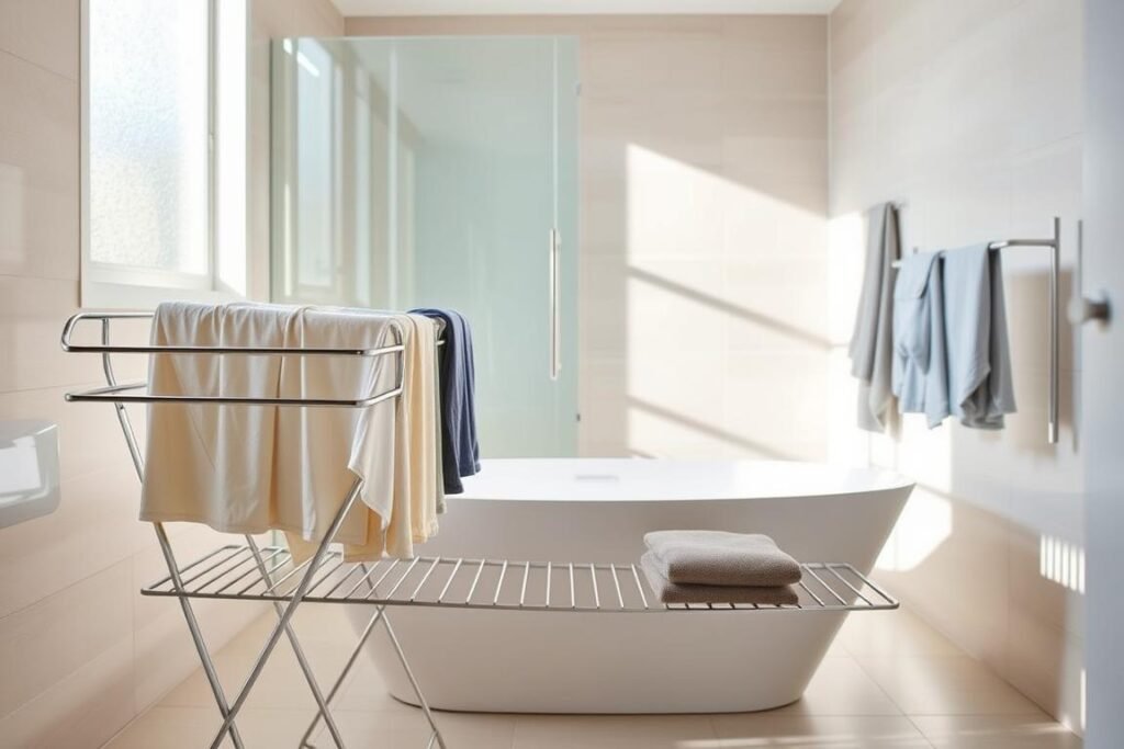 A modern bathroom featuring elegant bathtub drying racks designed for space efficiency. In the foreground, showcase sleek, metallic drying racks filled with freshly washed clothing, artfully arranged to highlight their functionality. In the middle, capture a stylish bathtub with a minimalist design, complemented by soft, neutral tones of the surrounding tiles. The background should include a well-lit, airy shower space with glass doors, creating a clean and inviting atmosphere. Use natural light streaming through a frosted window, casting gentle shadows to enhance the mood. The overall feel is contemporary and organized, emphasizing clever solutions for drying clothes in smaller homes. Focus on realistic textures and a harmonious color palette.