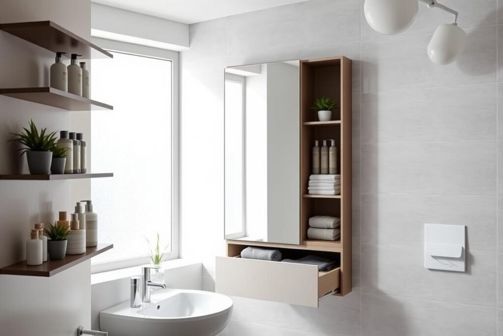 A modern bathroom featuring highly efficient storage solutions. In the foreground, sleek wall-mounted shelves hold neatly organized toiletries and decorative plants. A smart mirror is centrally positioned, reflecting the bright, airy space, while also serving as a concealed cabinet for additional storage. The middle ground showcases a compact vanity with a pull-out drawer for towels and essentials, complemented by stylish, minimalistic fixtures. The background reveals light gray tiles and soft, ambient lighting that creates a calm and inviting atmosphere. The scene is shot from a slightly elevated angle, capturing the entire layout to emphasize space-saving strategies. Include natural light streaming in from a frosted window, enhancing the clean and organized aesthetic.