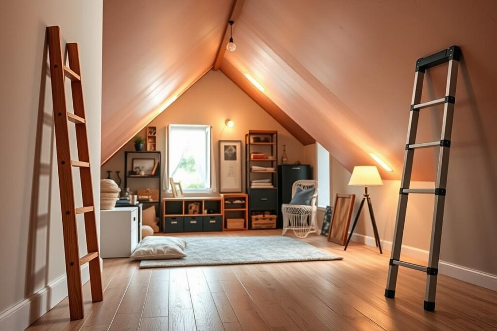 A modern, beautifully designed attic space featuring various space-saving ladder options. In the foreground, showcase a sleek, retractable wooden ladder elegantly folded against a wall, alongside a compact, foldable aluminum ladder with a minimalist design. In the middle ground, highlight a cozy, well-organized attic filled with stylish storage solutions, vintage decor pieces, and soft ambient lighting emanating from strategically placed warm LED lights. The background should display a charming window allowing natural light to pour in, illuminating the inviting, airy atmosphere of the space. Capture this scene with a slightly angled perspective, using a soft focus to enhance warmth and comfort, emphasizing the potential of unused attic spaces in small homes.