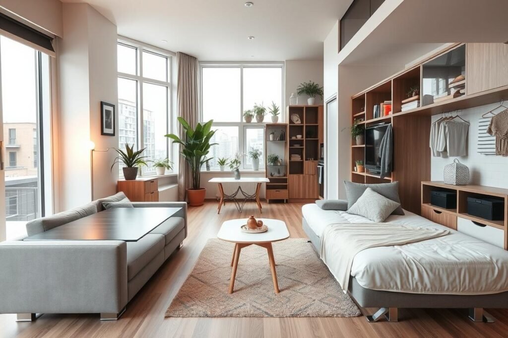 A modern, compact apartment interior showcasing innovative space optimization strategies. In the foreground, a multi-functional living space features a sleek modular sofa that transforms into a bed, accompanied by a compact foldable dining table. The middle ground reveals built-in shelving and smart storage solutions, like under-stair drawers and hanging organizers. The background presents large windows allowing natural light to flood the room, highlighting the airy atmosphere. Soft, warm lighting enhances the cozy environment, and potted plants add a touch of greenery. The angle captures the layout from a slightly elevated perspective, emphasizing the efficient use of space and thoughtful design elements that maximize functionality without sacrificing style.